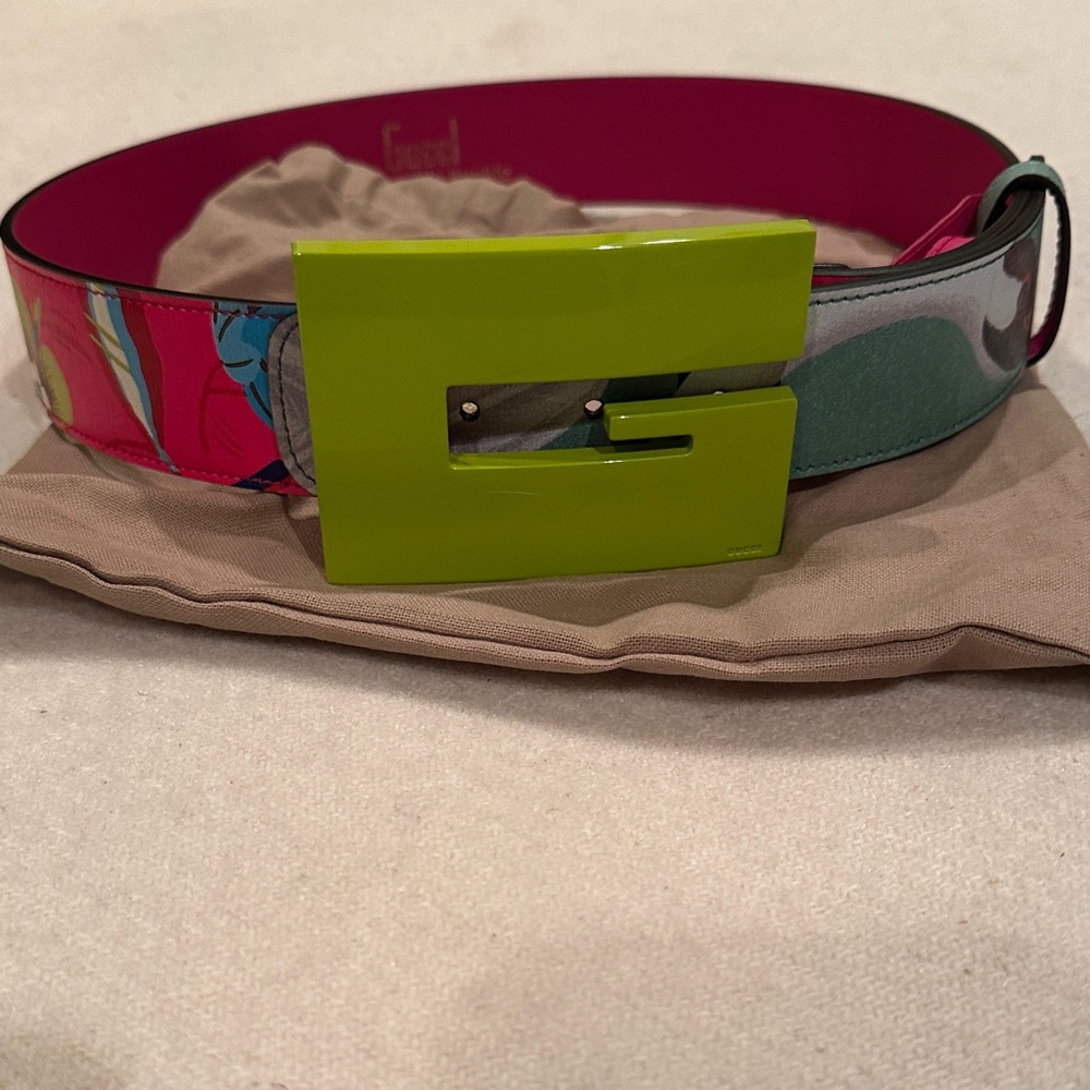 NWOT Gucci Calfskin Floral Heron G Cube Memorable Buckle Belt Sz 80